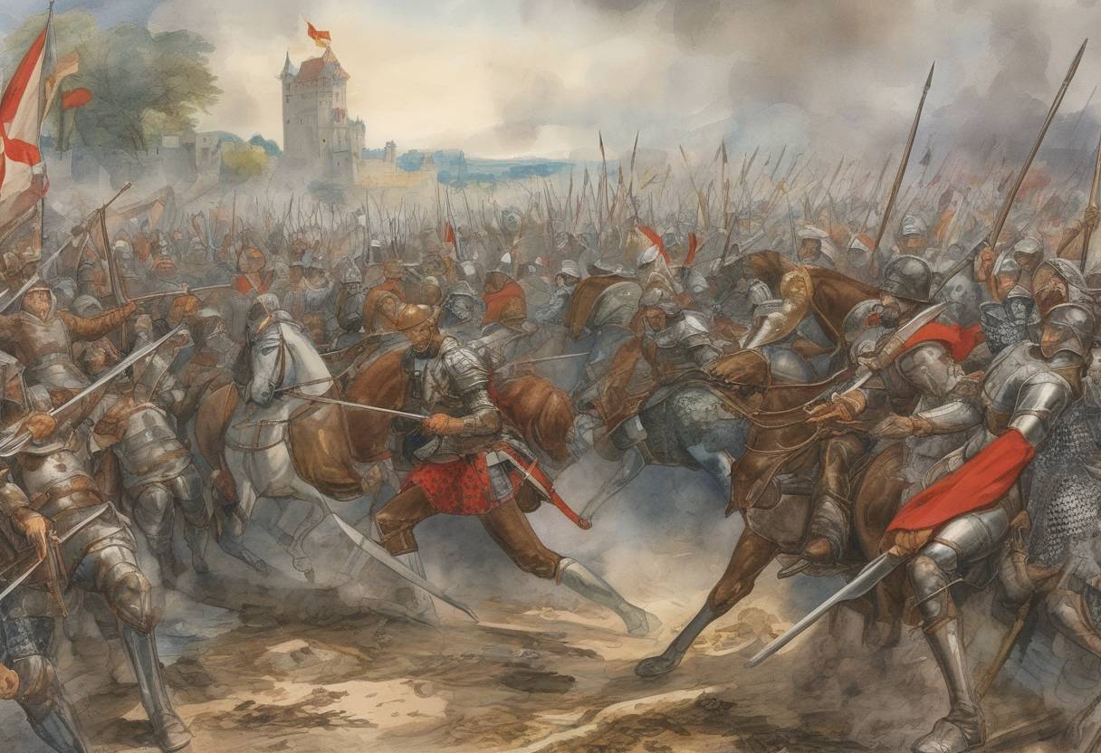 Watercolor painting based depiction of Battle of Andernach: Otto I, King of East Francia, defeats a rebellion by his former allies. (939)