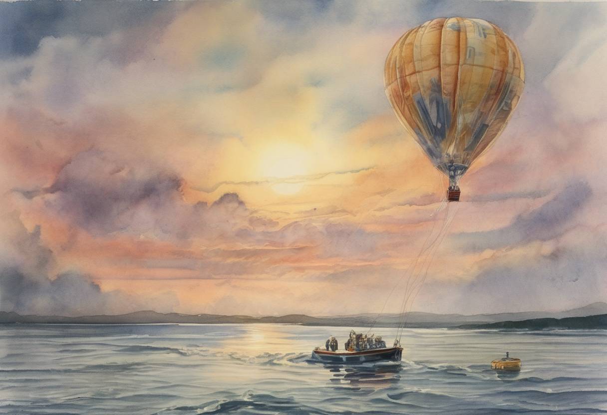 Watercolor painting based depiction of Joe Kittinger completes the first solo balloon crossing of the Atlantic Ocean. (1984)