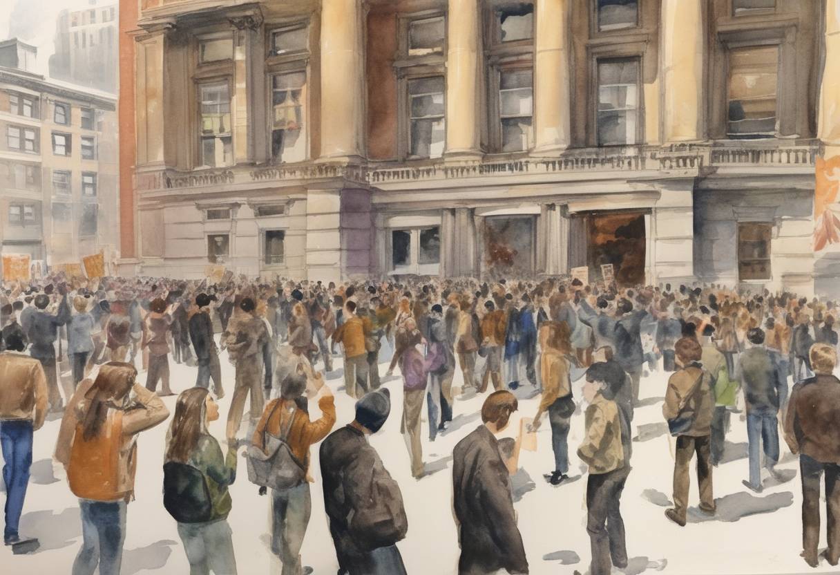Watercolor painting based depiction of Students at Columbia University in New York City began a week-long occupation of university buildings to protest the Vietnam War and university policies, a significant event in the 1960s student protest movement. (1968)