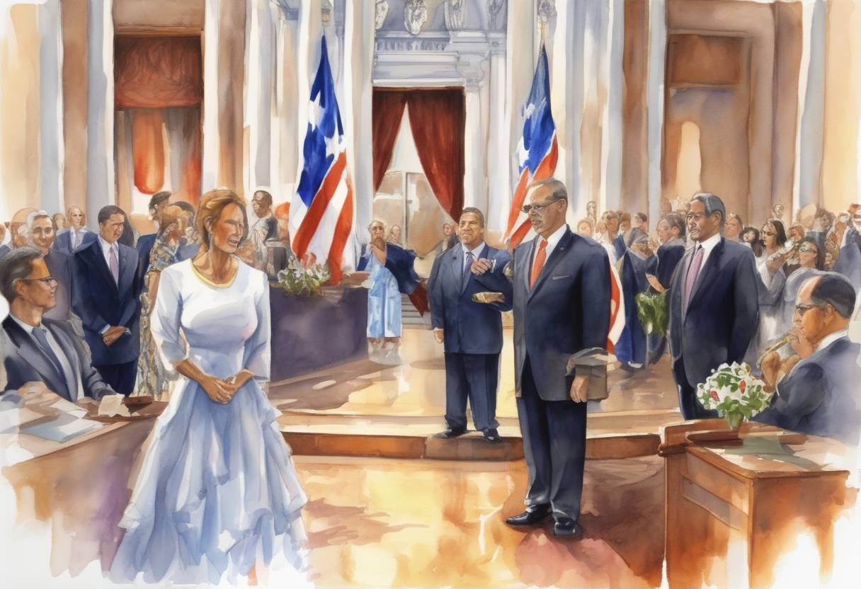 Watercolor painting based depiction of Sila Calderón is inaugurated as the first female governor of Puerto Rico. (2001)