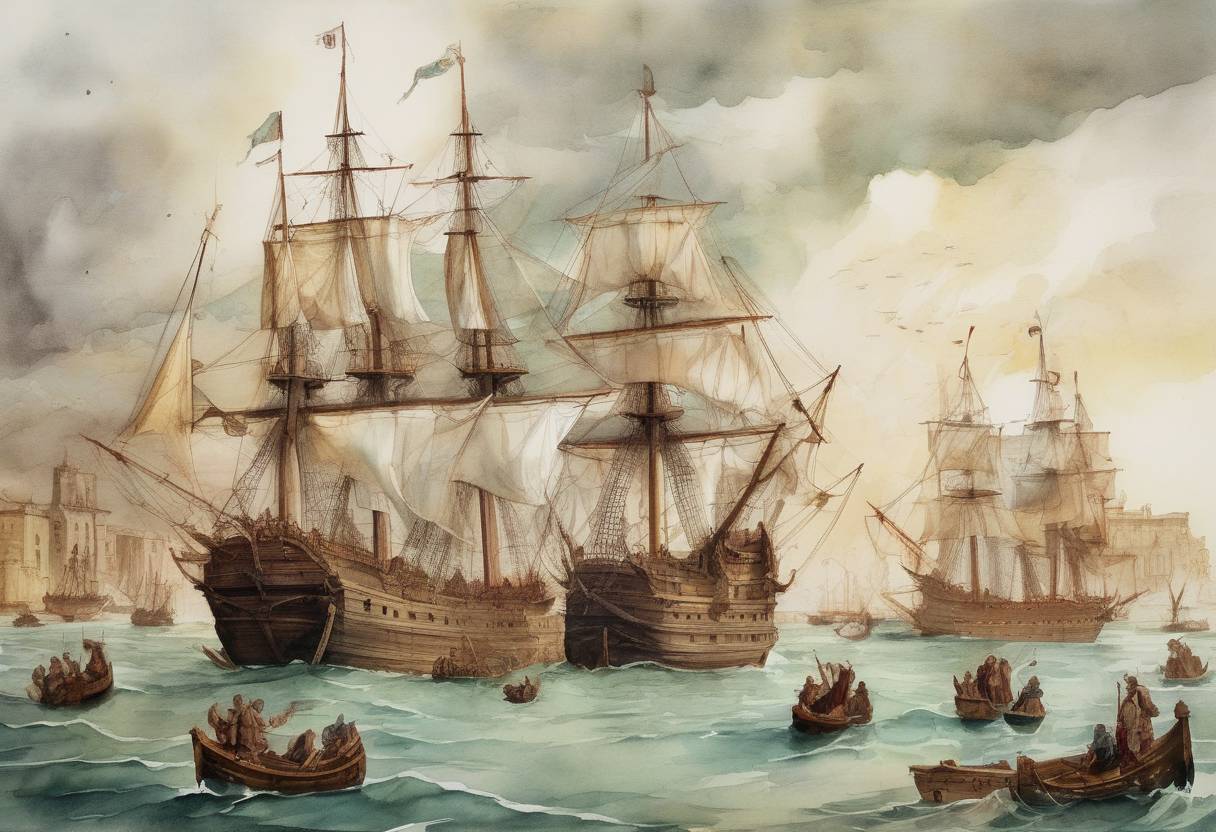 Watercolor painting based depiction of Christopher Columbus embarked on his second voyage to the New World, departing from Cádiz, Spain, with a fleet of 17 ships. (1493)