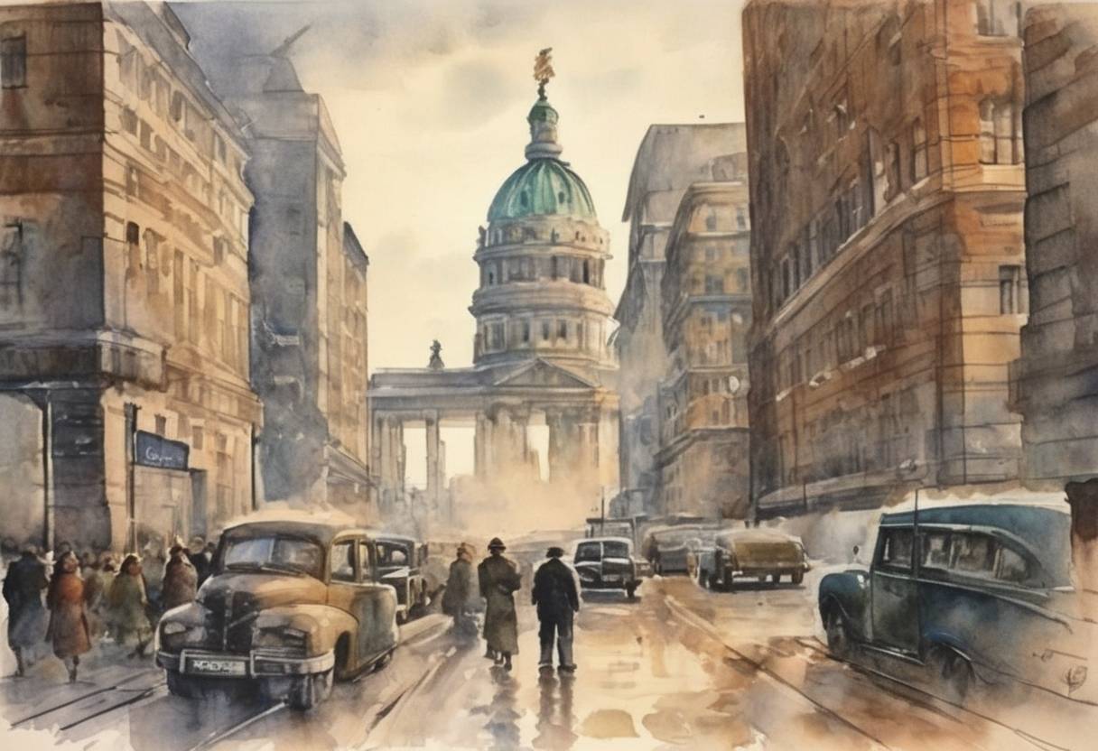 Watercolor painting based depiction of The Soviet Union began its blockade of Berlin, which led to the Berlin Airlift by Western Allies. (1948)