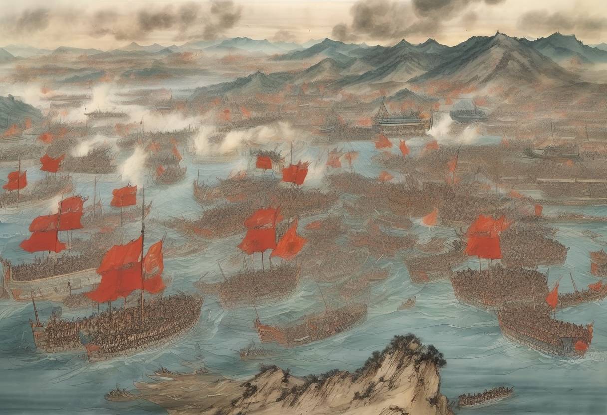 Watercolor painting based depiction of The Battle of Lake Poyang, one of the largest naval battles in history, begins between the forces of the Ming dynasty and the Han forces of Chen Youliang. (1363)