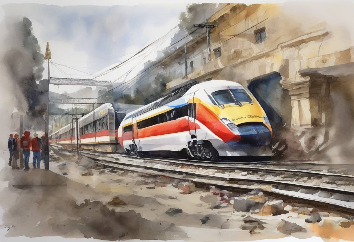 Watercolor painting based depiction of A high-speed train derailed in Santiago de Compostela, Spain, killing 79 people and injuring over 140, marking one of the worst rail disasters in Spanish history. (2013)