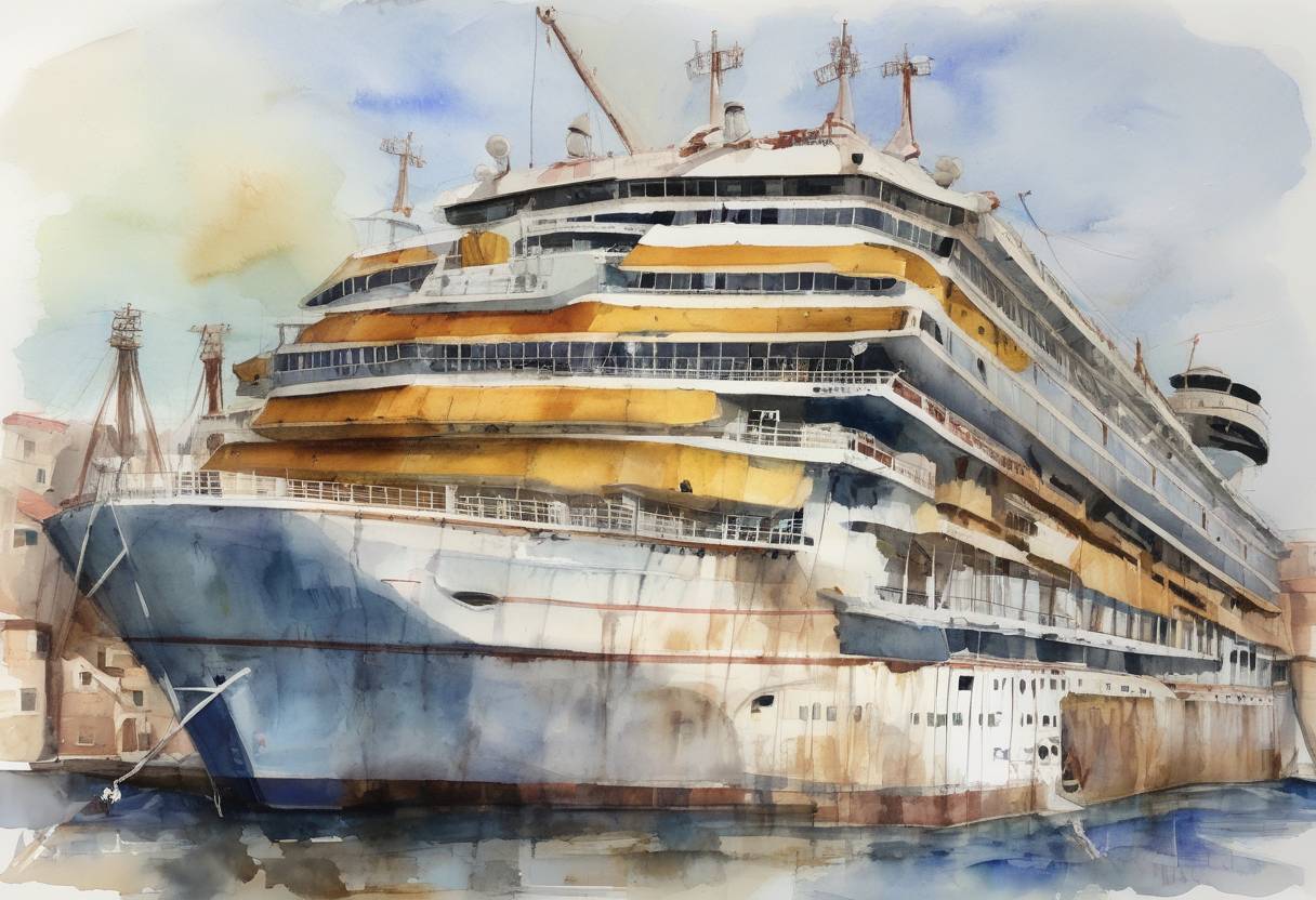 Watercolor painting based depiction of The Costa Concordia cruise ship was successfully righted after a complex salvage operation. The ship had capsized off the coast of Italy in January 2012, resulting in the deaths of 32 people. (2013)