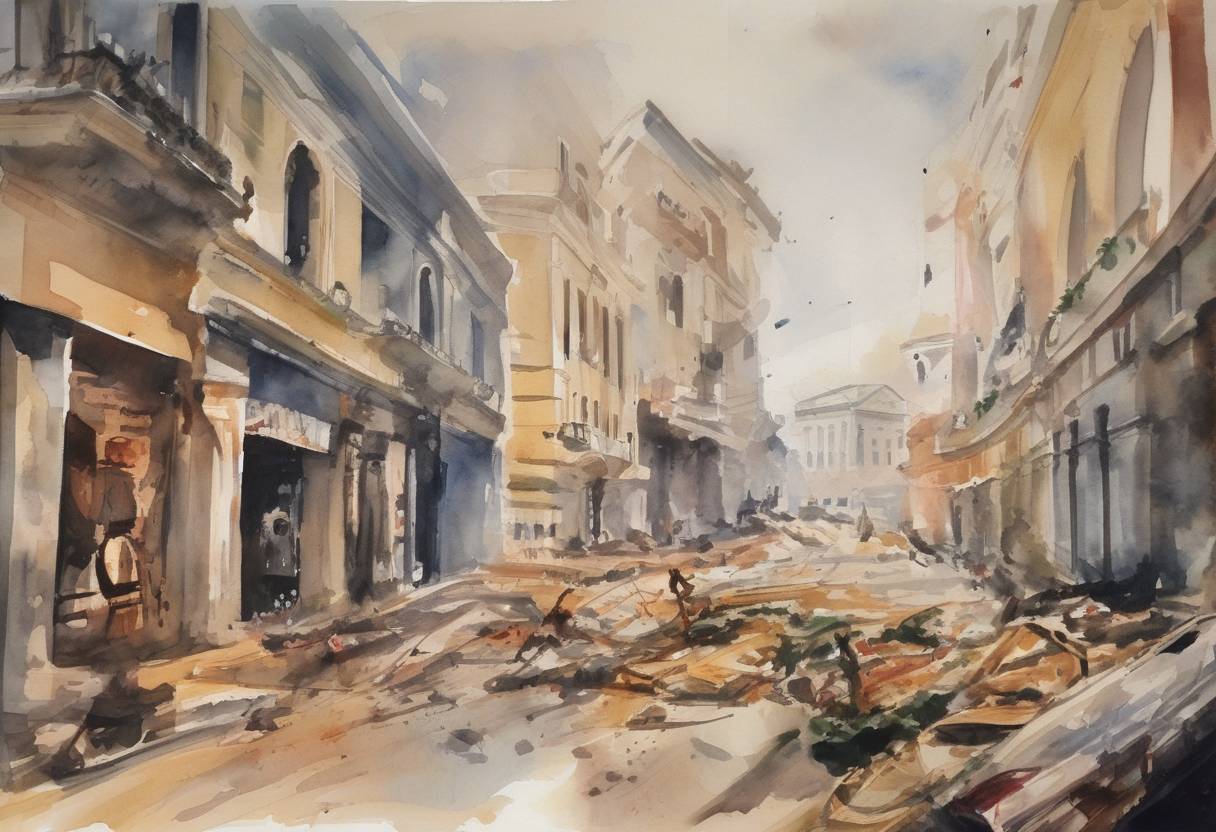 Watercolor painting based depiction of Palestinian guerrillas attacked airports in Rome and Vienna, killing 19 people and injuring over 100. (1985)