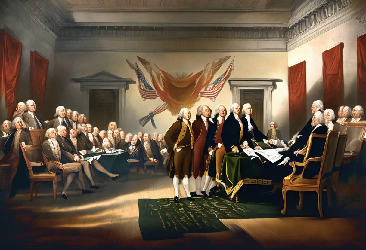 Watercolor painting based depiction of The Continental Congress officially named its new union of sovereign states the 'United States'. (1776)