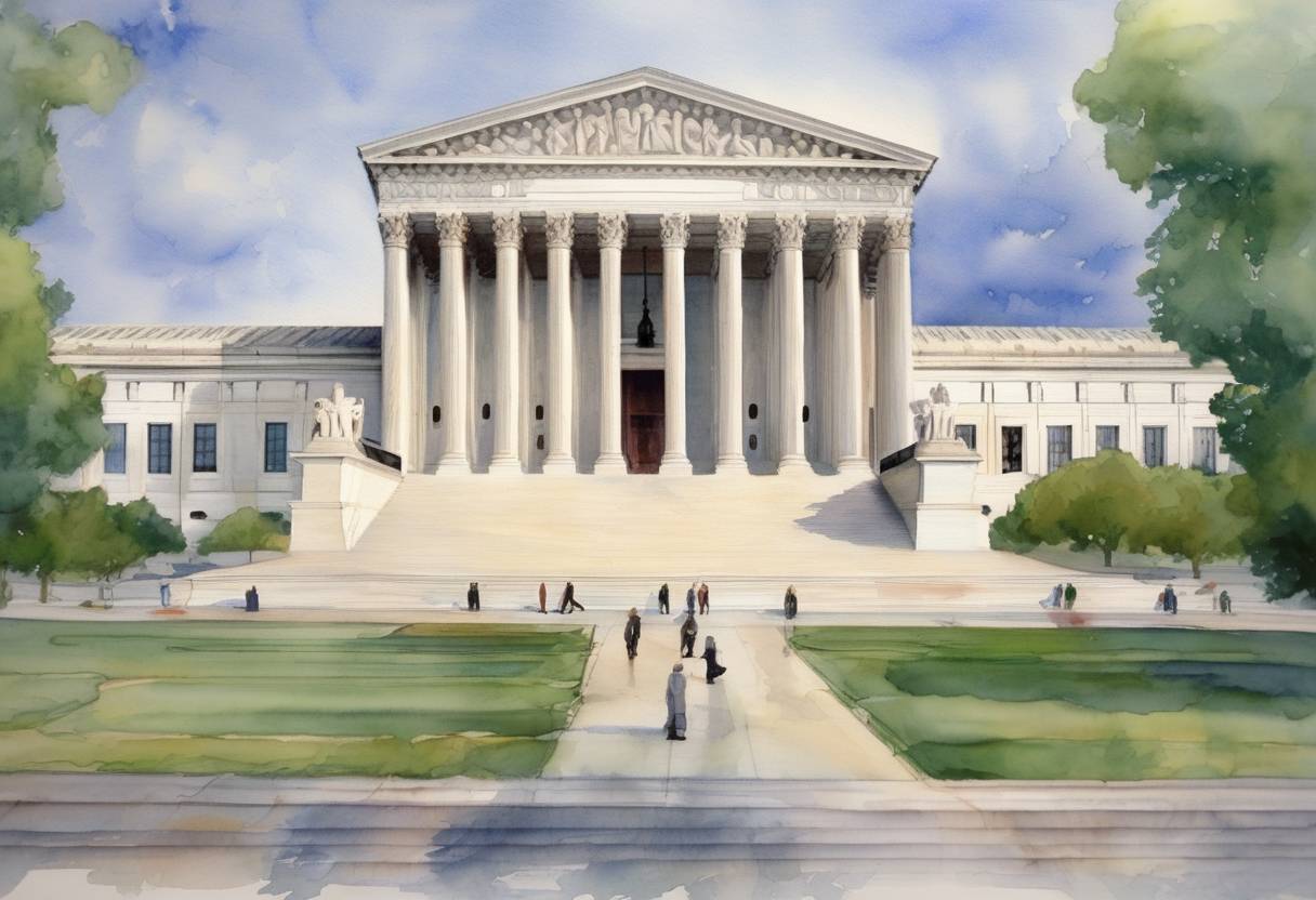 Watercolor painting based depiction of The United States Supreme Court issued its decision in Bush v. Gore, effectively resolving the 2000 presidential election in favor of George W. Bush. (2000)