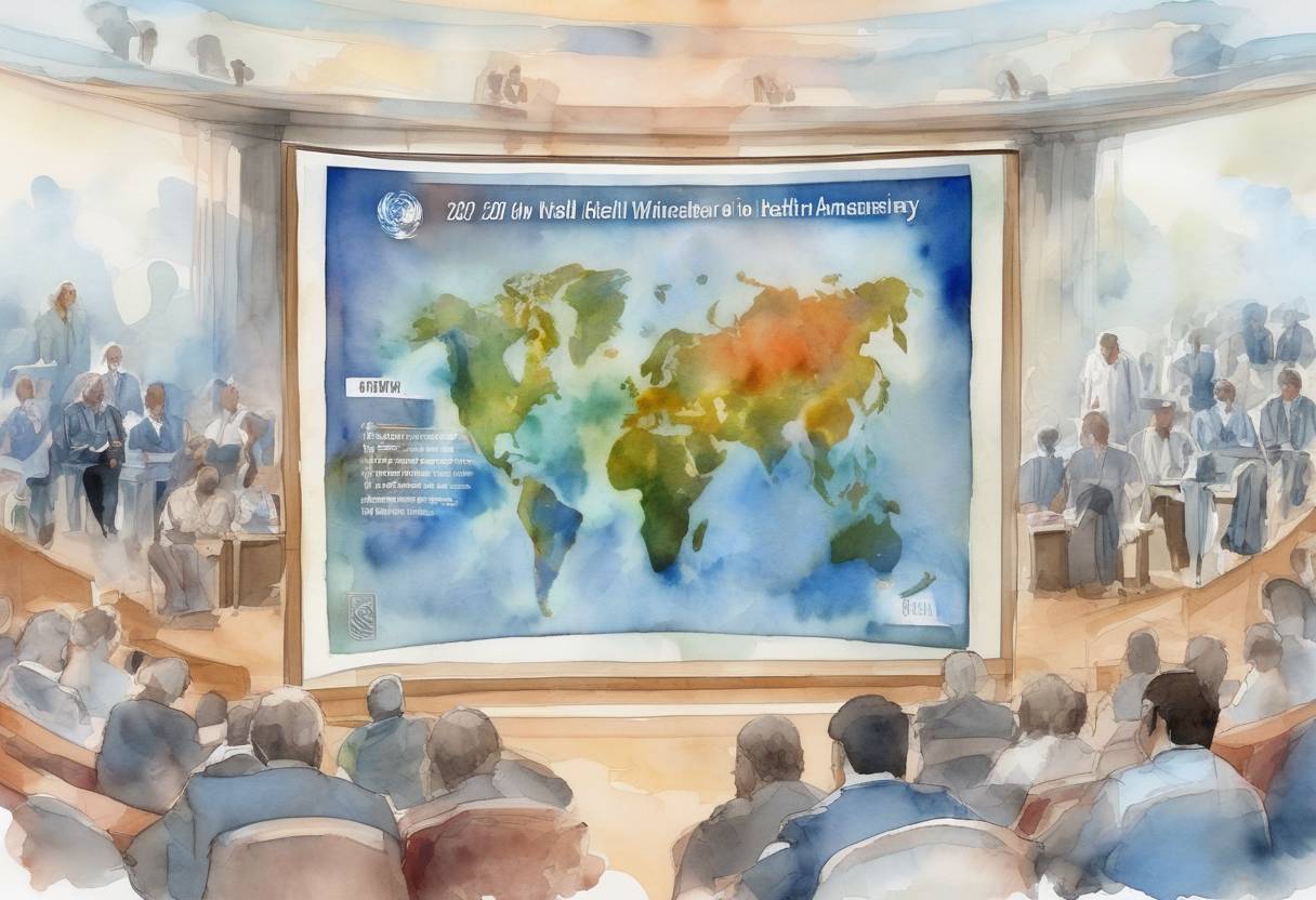 Watercolor painting based depiction of The World Health Organization (WHO) held its 73rd World Health Assembly virtually due to the COVID-19 pandemic, focusing on the global response to the crisis. (2020)