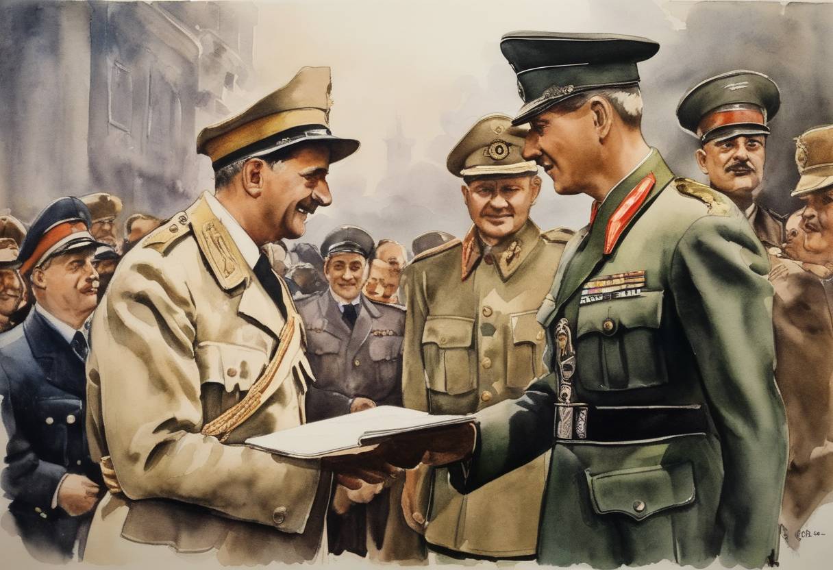 Watercolor painting based depiction of Germany and Italy sign the Pact of Steel, formally known as the Pact of Friendship and Alliance between Germany and Italy, solidifying their military and political alliance. (1939)