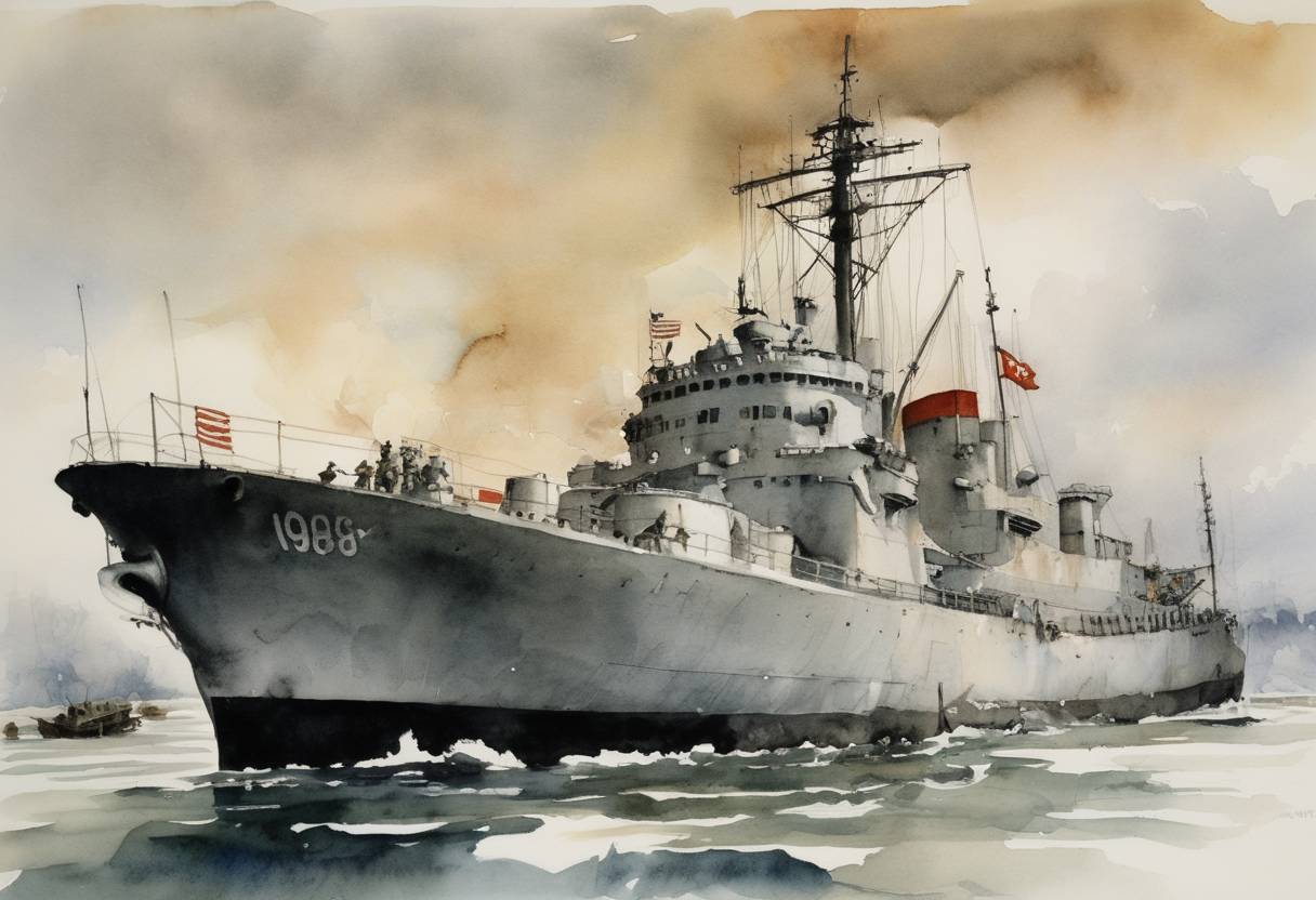 Watercolor painting based depiction of The USS Pueblo, an American Navy intelligence vessel, was captured by North Korean forces. The event heightened tensions during the Cold War and led to the crew's year-long detention. (1968)