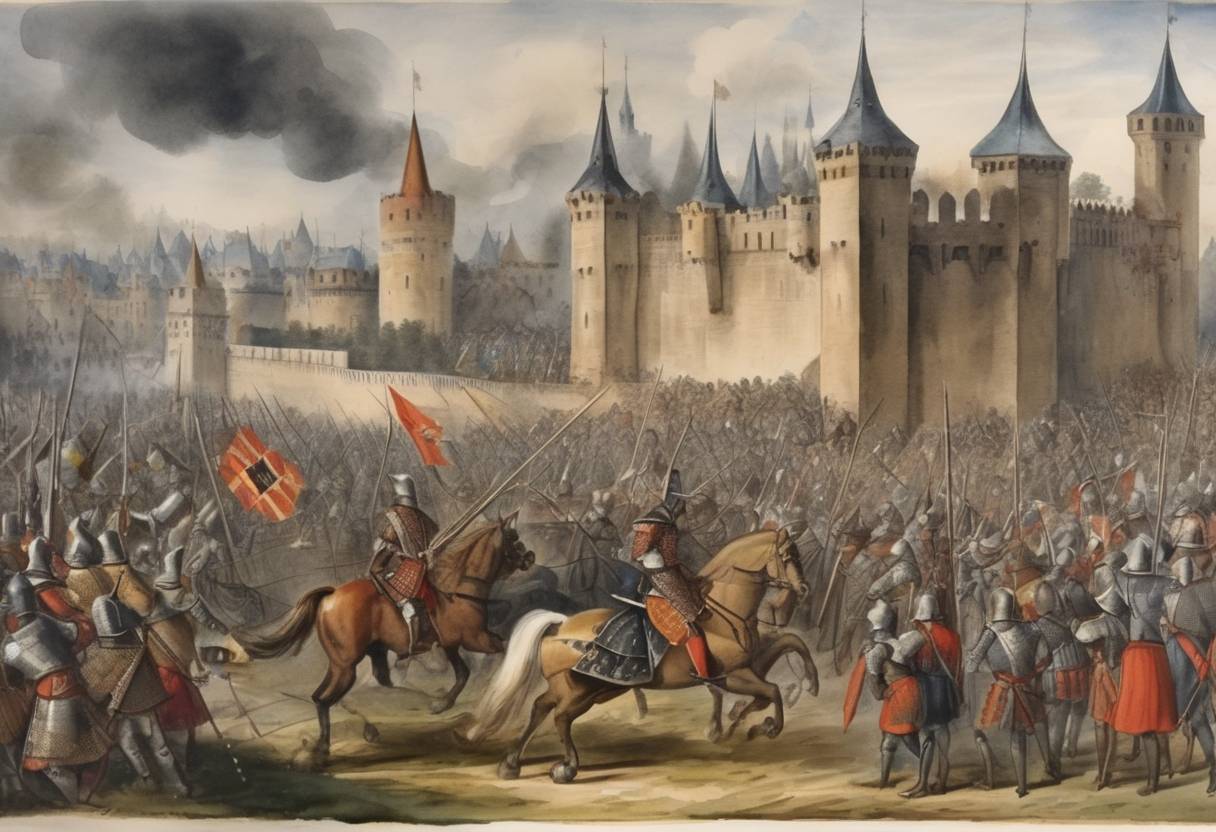 Watercolor painting based depiction of The siege of Zutphen ends as its defenders, loyal to Albert I, Duke of Bavaria, surrender to the forces of the Duchy of Guelders. (1368)
