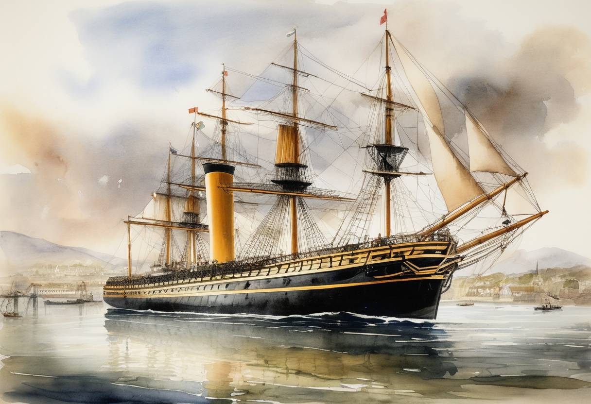 Watercolor painting based depiction of The steamship SS Great Britain, designed by Isambard Kingdom Brunel, is launched, marking a milestone in engineering and ship design. (1843)