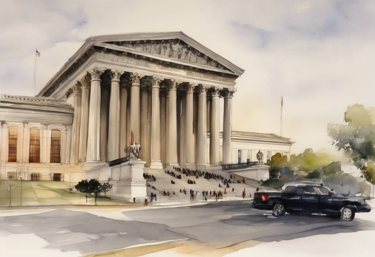 Watercolor painting based depiction of The landmark ruling Boumediene v. Bush was delivered by the U.S. Supreme Court, holding that Guantanamo Bay detainees have the right to seek habeas corpus in federal court. (2008)