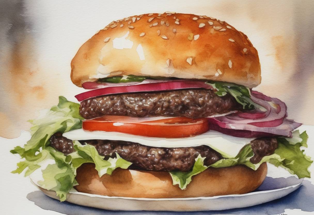Watercolor painting based depiction of The world's first lab-grown burger, created by Mosa Meat in the Netherlands, was displayed in London, marking a step forward in sustainable food technology. (2014)