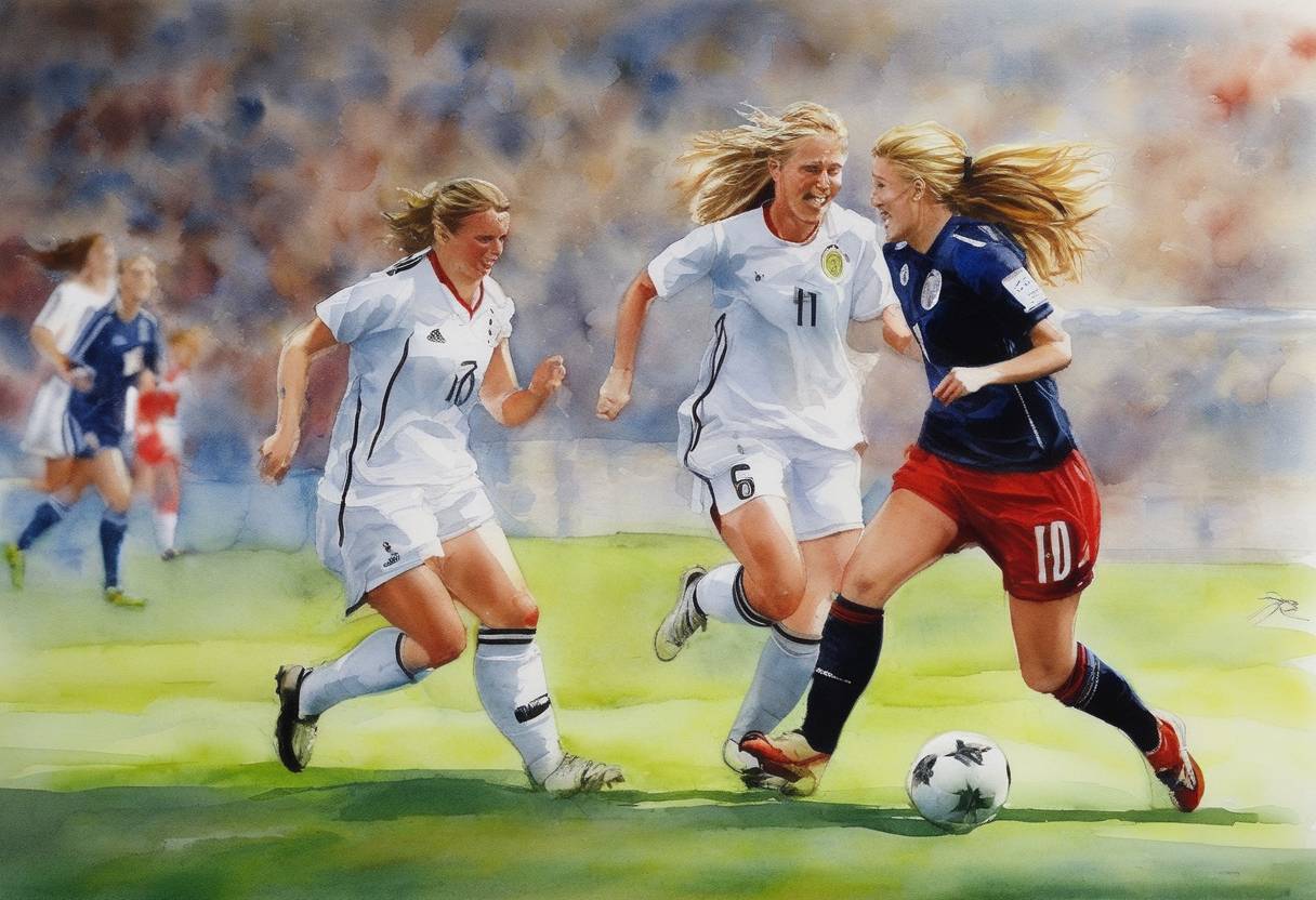 Watercolor painting based depiction of The 2005 UEFA Women's Championship concludes with Germany defeating Norway 3-1 in the final, securing their sixth title. (2005)