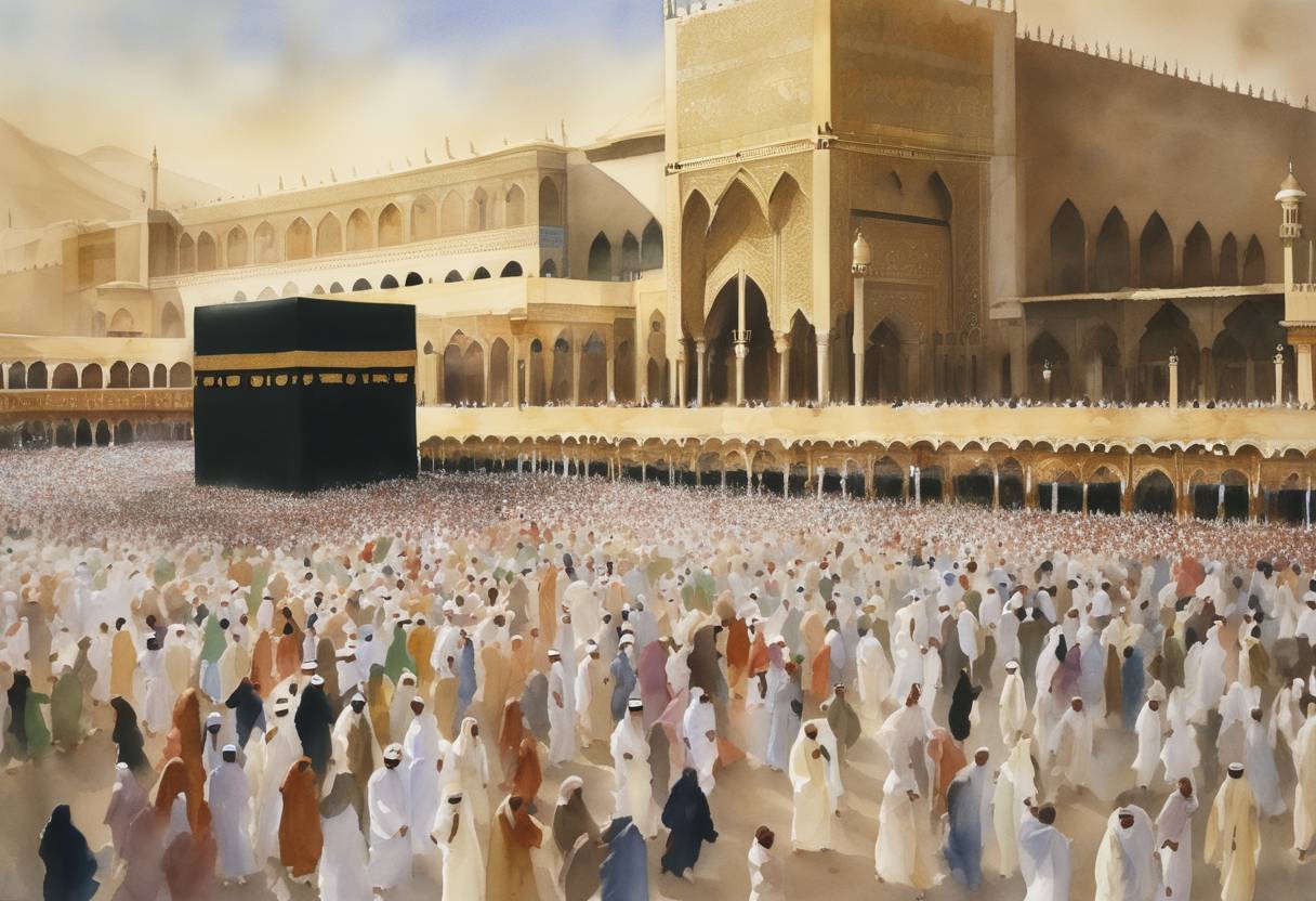Watercolor painting based depiction of A stampede occurs during the annual Hajj pilgrimage in Mecca, resulting in the deaths of at least 345 Muslim pilgrims. (2006)