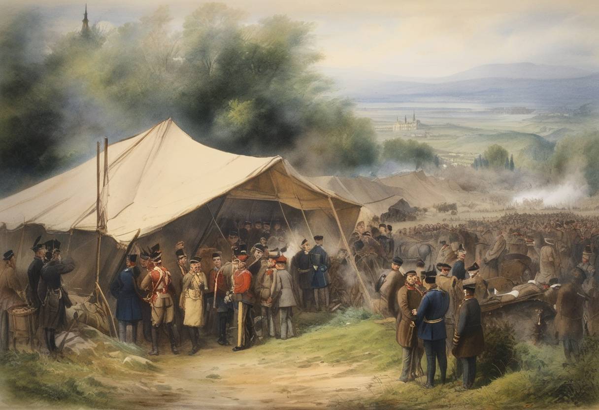 Watercolor painting based depiction of The Geneva Convention for the Amelioration of the Condition of the Wounded in Armies in the Field, the first of the Geneva Conventions, is signed. This treaty formed the basis for international humanitarian law in wartime. (1864)