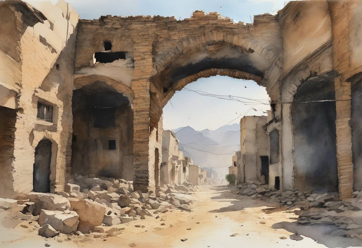 Watercolor painting based depiction of A large earthquake struck southeastern Afghanistan, causing extensive damage and resulting in over 1,000 fatalities and several thousand injuries. The affected regions included parts of Paktika and Khost provinces. (2022)