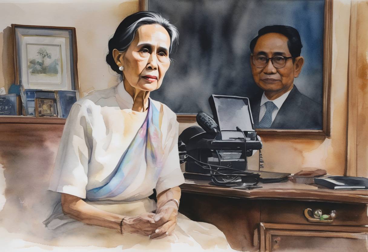 Watercolor painting based depiction of Myanmar police filed charges against ousted leader Aung San Suu Kyi for illegally importing communications equipment, such as walkie-talkies found at her residence two days after the military coup. (2021)