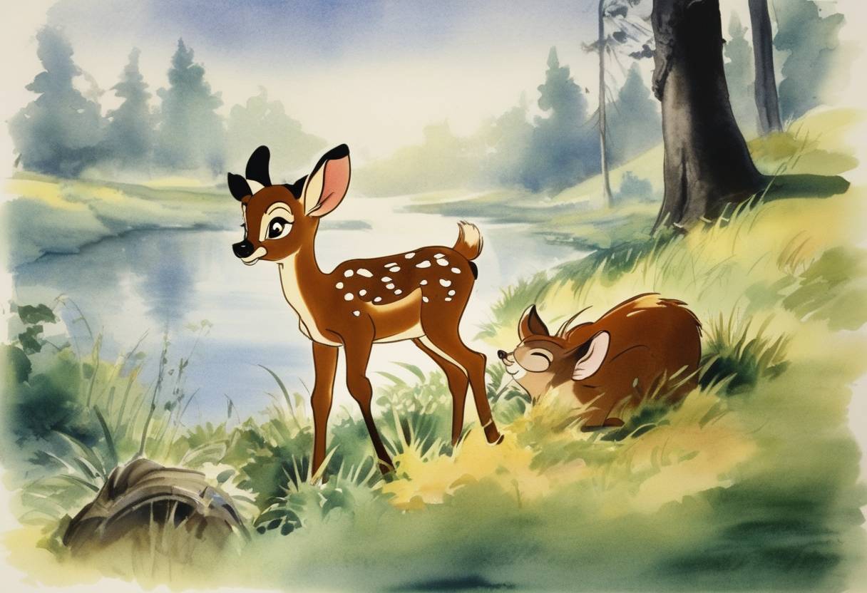 Watercolor painting based depiction of Walt Disney's animated feature 'Bambi' premiered in New York City, becoming a classic in American cinema. (1942)