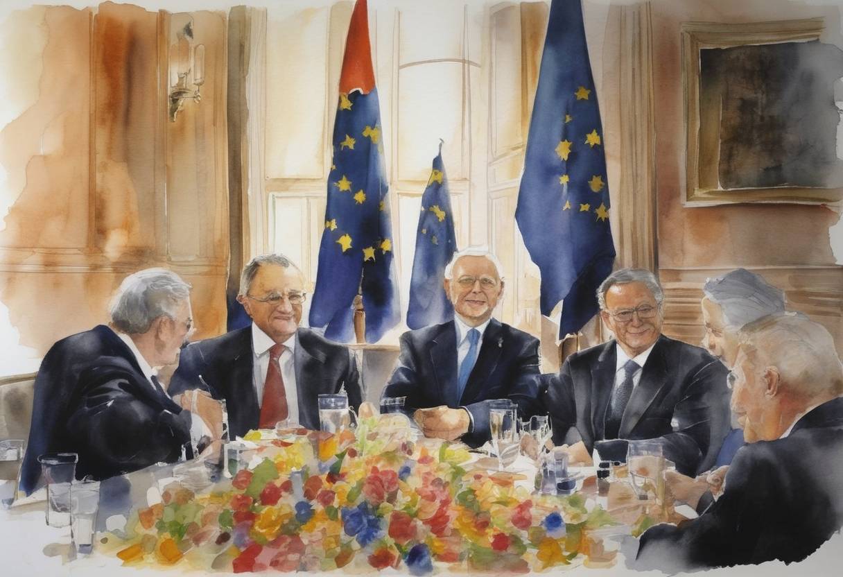 Watercolor painting based depiction of European Union leaders celebrated the 50th anniversary of the Treaty of Rome which established the European Economic Community, the precursor to the EU. (2007)