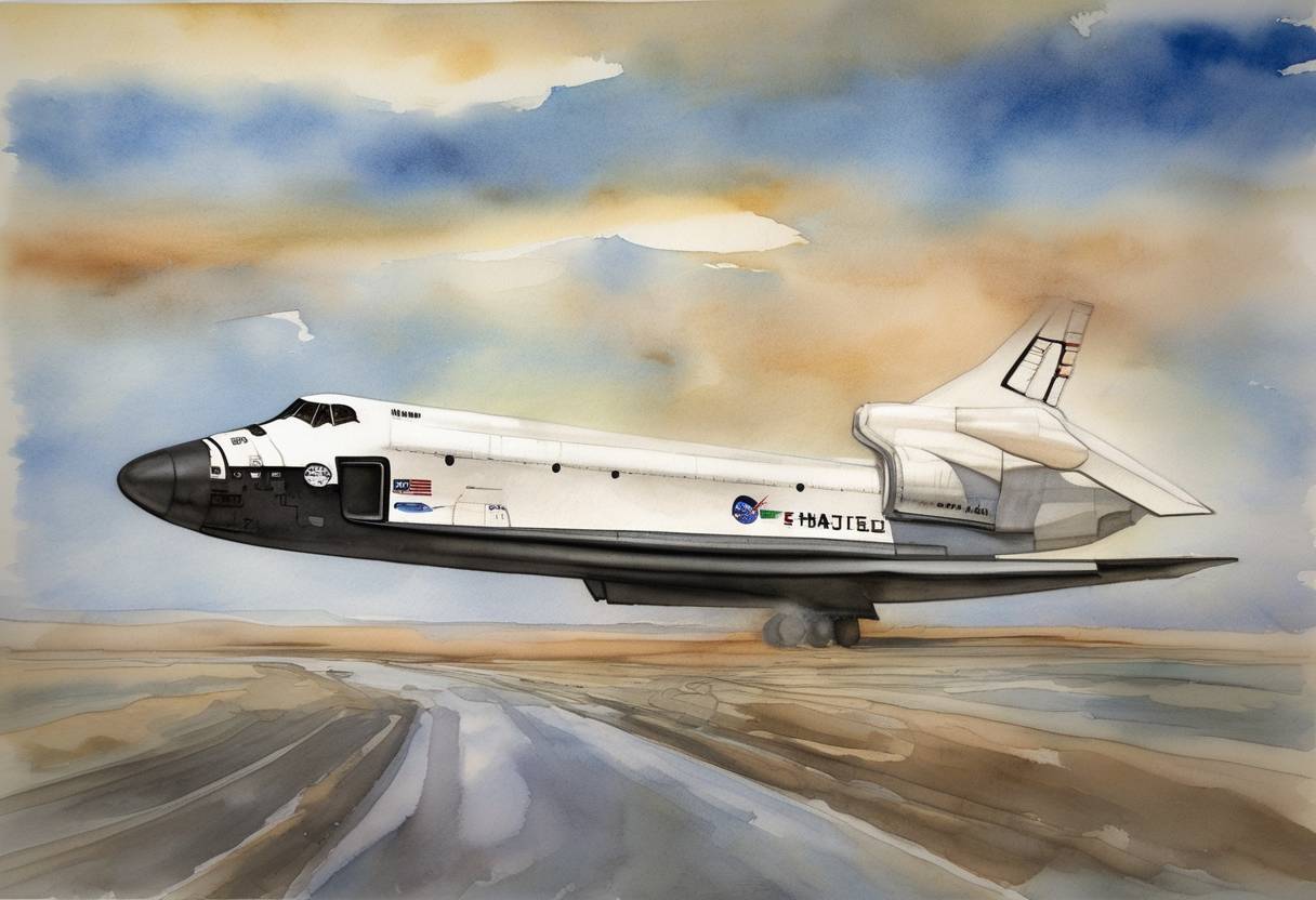Watercolor painting based depiction of NASA's first Space Shuttle, Enterprise, made its first test flight on top of a Boeing 747 Shuttle Carrier Aircraft. This marked a key step in shuttle testing leading towards human spaceflight. (1977)