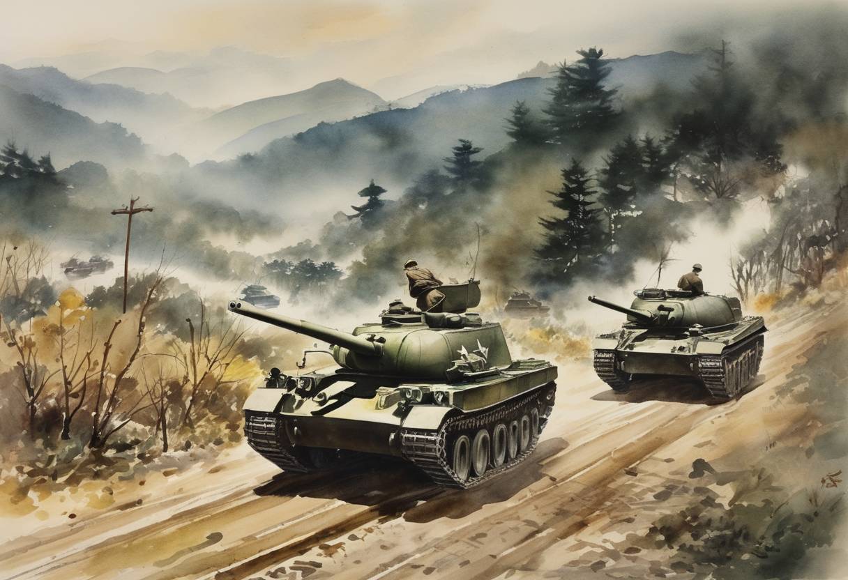 Watercolor painting based depiction of President Harry S. Truman ordered U.S. ground forces into Korea, marking a significant escalation in the Korean War following the North Korean invasion of South Korea. (1950)