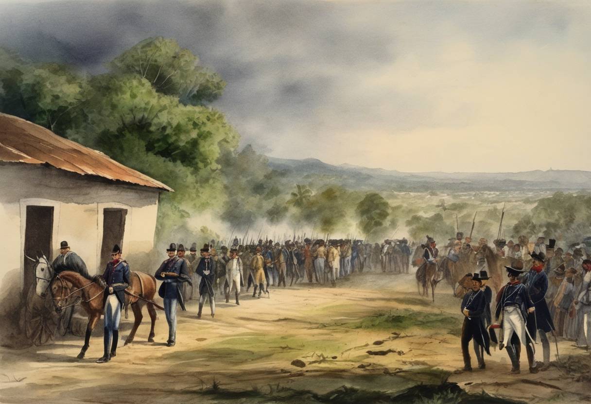 Watercolor painting based depiction of The Dominican Restoration War begins as Gregorio Luperón declares the independence of the Dominican Republic from Spanish annexation. (1863)