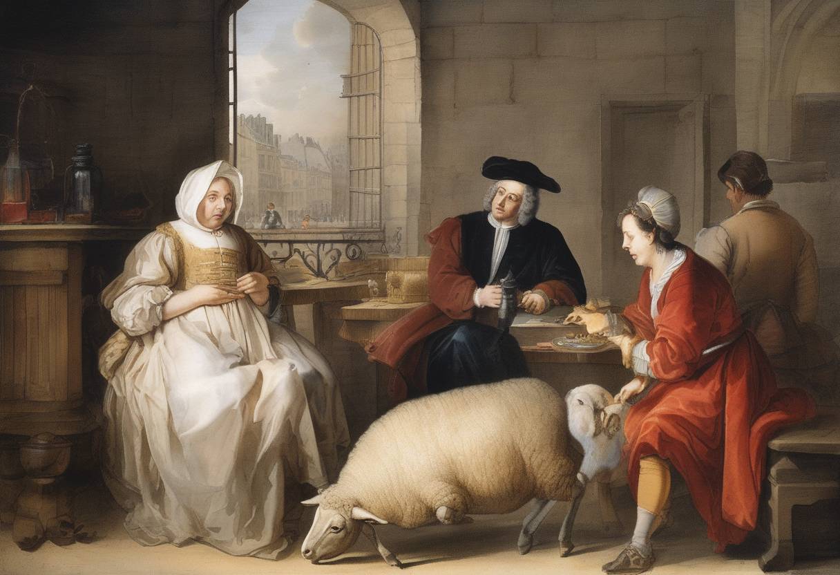 Watercolor painting based depiction of The first documented successful blood transfusion took place in Paris when Jean-Baptiste Denys, a French physician, transfused blood from a sheep into a 15-year-old boy. (1667)