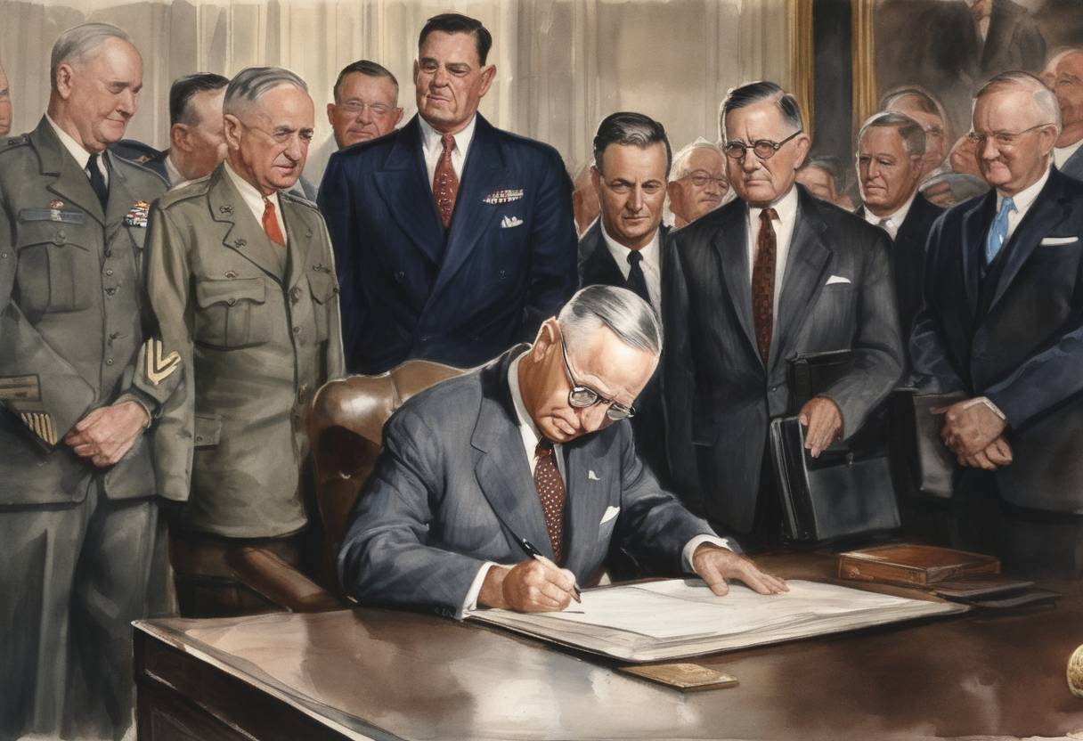 Watercolor painting based depiction of U.S. President Harry S. Truman signs The National Security Act of 1947, which creates the Central Intelligence Agency (CIA), Department of Defense, Air Force, and the National Security Council. (1947)