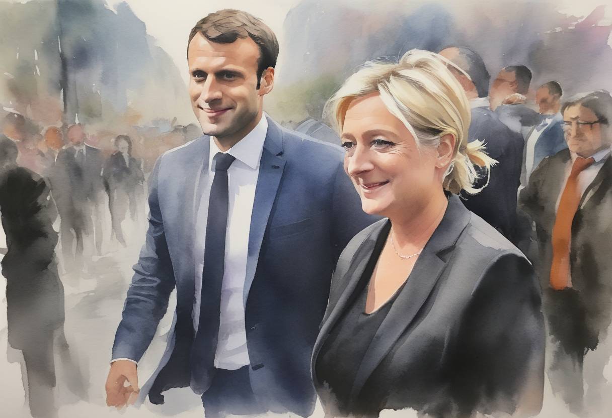 Watercolor painting based depiction of In France, the Constitutional Council confirmed that Emmanuel Macron and Marine Le Pen would face off in the second round of the presidential election after results showed they received the highest votes in the first round held on April 10, 2022. This set up a rematch of the 2017 presidential election runoff. (2022)