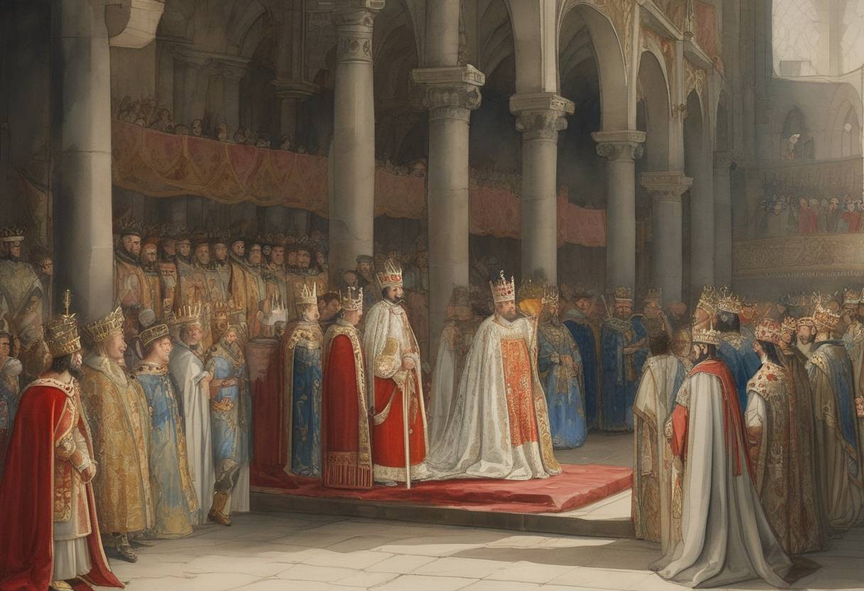 Watercolor painting based depiction of The coronation of King Philip V as the king of Navarre takes place. Philip was the first husband of Queen Joan II of Navarre and became king after her father, Louis X of France, passed away. (1308)