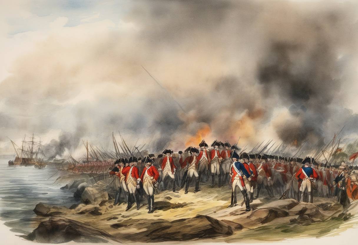 Watercolor painting based depiction of The British defeat the Americans in the Battle of Jersey during the American Revolutionary War. (1781)