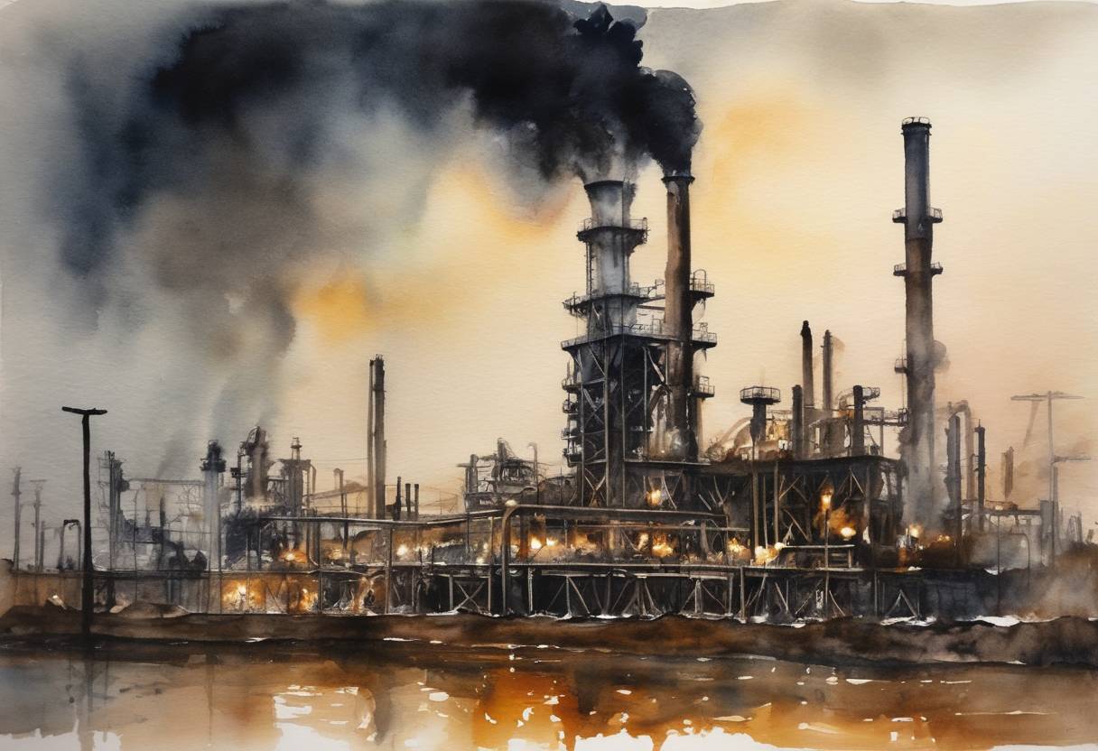 Watercolor painting based depiction of An explosion occurred at the Abadan Refinery in Iran, the oldest and one of the largest oil refineries in the country, resulting in injuries but no reported fatalities. The explosion raised questions about the safety measures in place at such critical infrastructure. (2011)