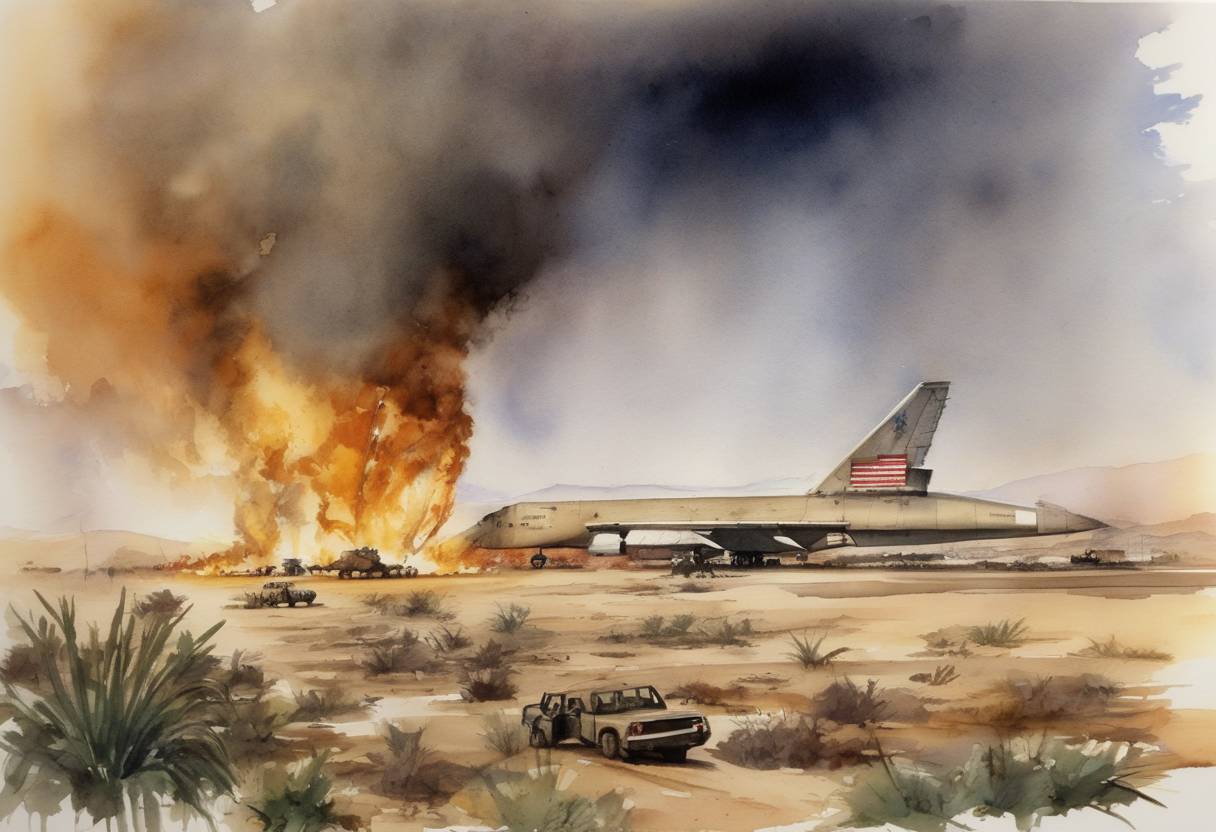 Watercolor painting based depiction of The United States, under President Bill Clinton, launches Operation Infinite Reach, targeting al-Qaeda camps in Afghanistan and a pharmaceutical factory in Sudan in response to the bombings of U.S. embassies in Kenya and Tanzania. (1998)