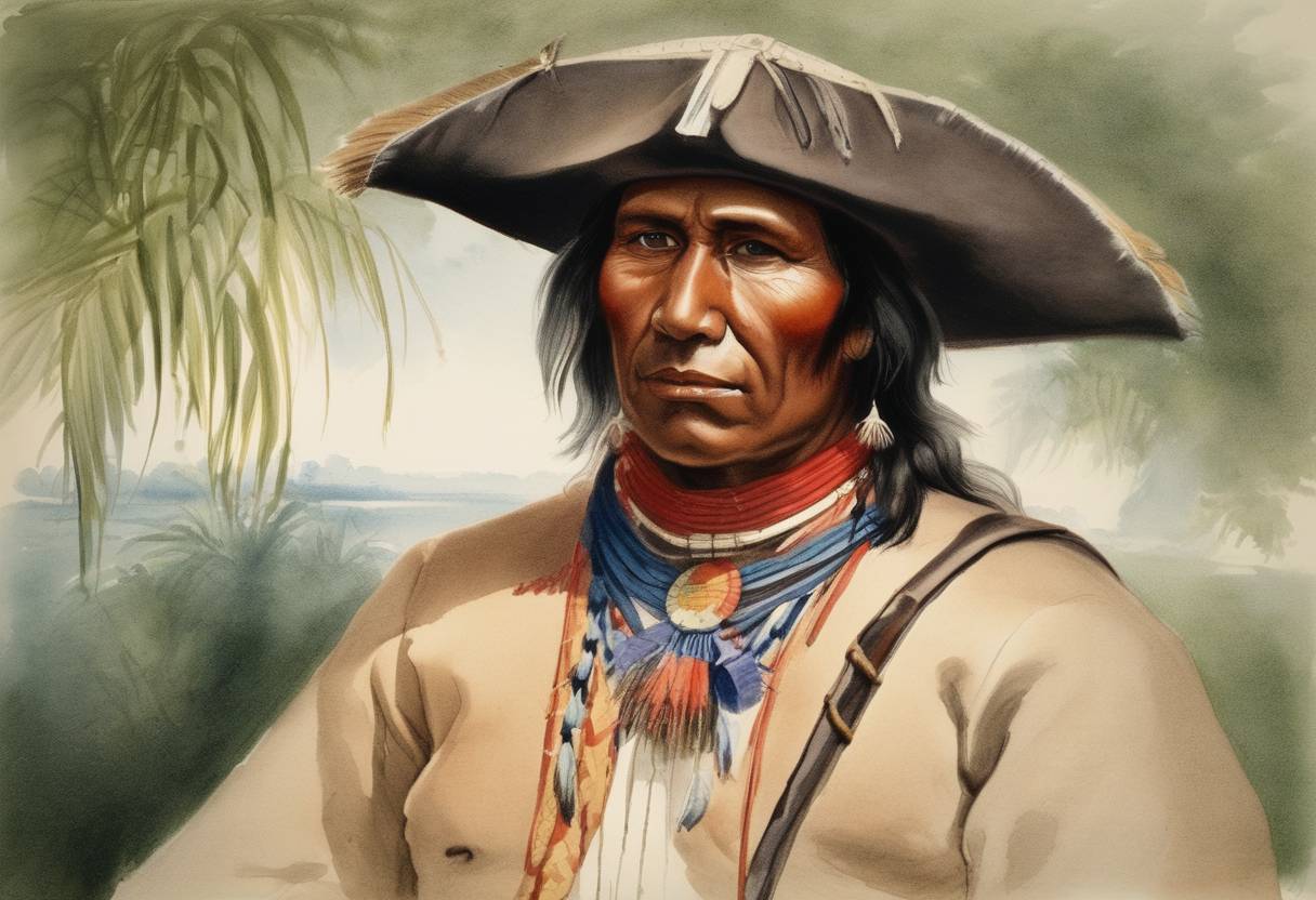 Watercolor painting based depiction of Halleck Tustenuggee, a leading Seminole warrior, agreed to emigrate to the Indian Territory west of the Mississippi River after being persuaded by General William S. Harney during the Third Seminole War. (1858)