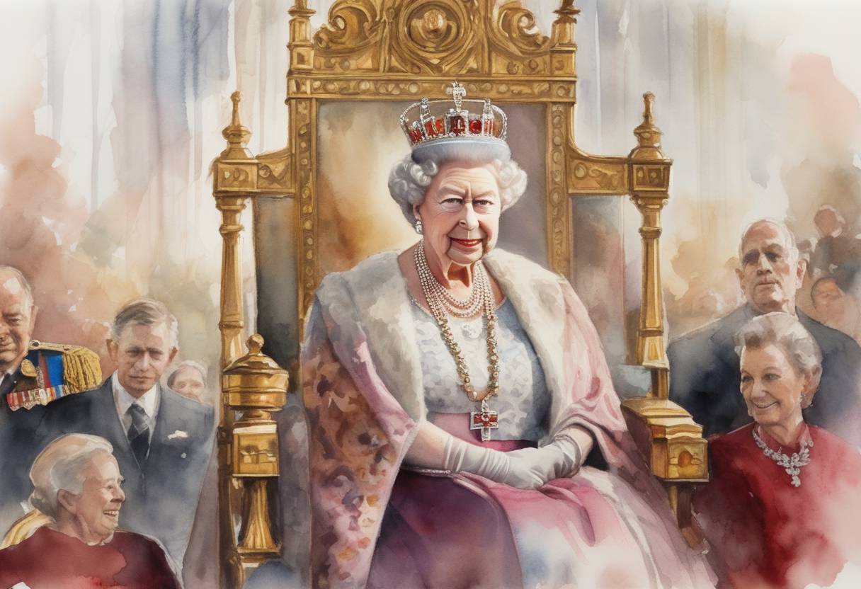 Watercolor painting based depiction of Queen Elizabeth II becomes the first British monarch to mark a Platinum Jubilee, celebrating 70 years on the throne, as she ascended following the death of her father, King George VI, on this date in 1952. (2022)
