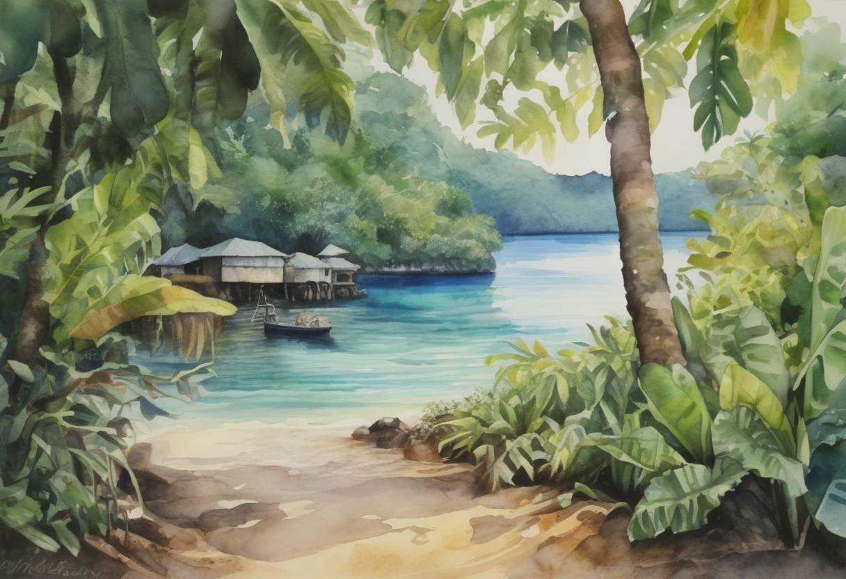 Watercolor painting based depiction of The Republic of Palau commemorated its 30th constitution anniversary, marking three decades since the adoption of its constitution, which established it as an independent nation. (2009)