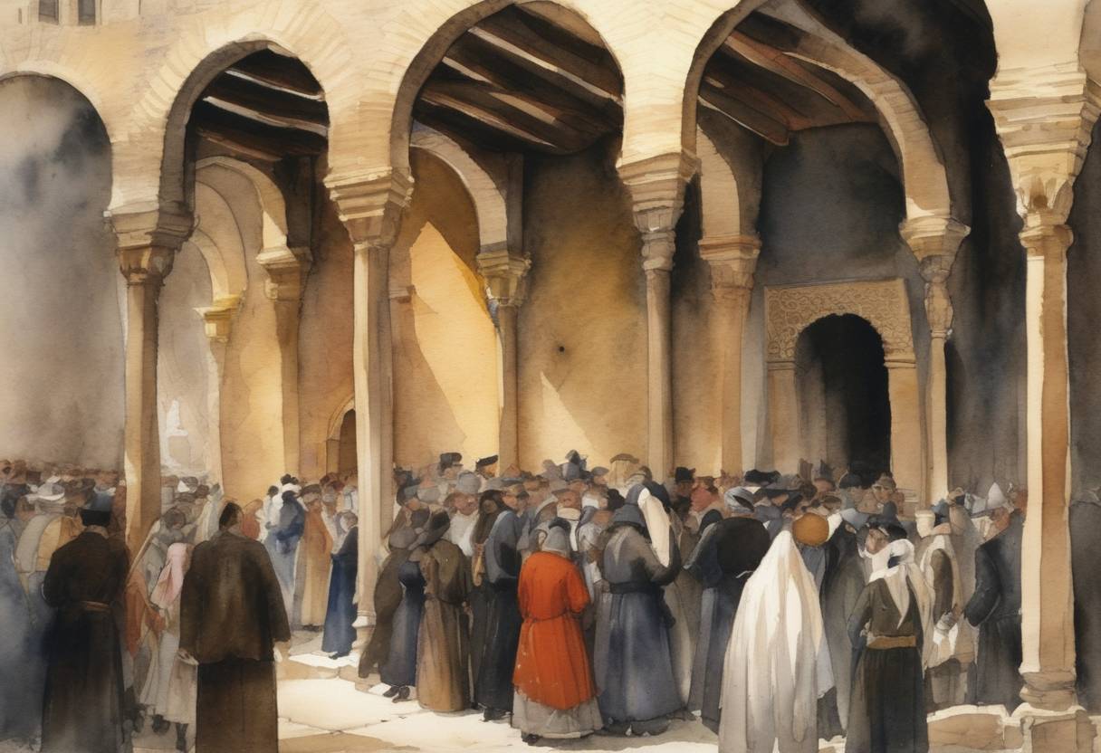 Watercolor painting based depiction of Anti-Jewish pogroms began in Seville, Spain, spreading throughout Spanish cities, marking one of the worst anti-Jewish attacks in medieval Spain. (1391)