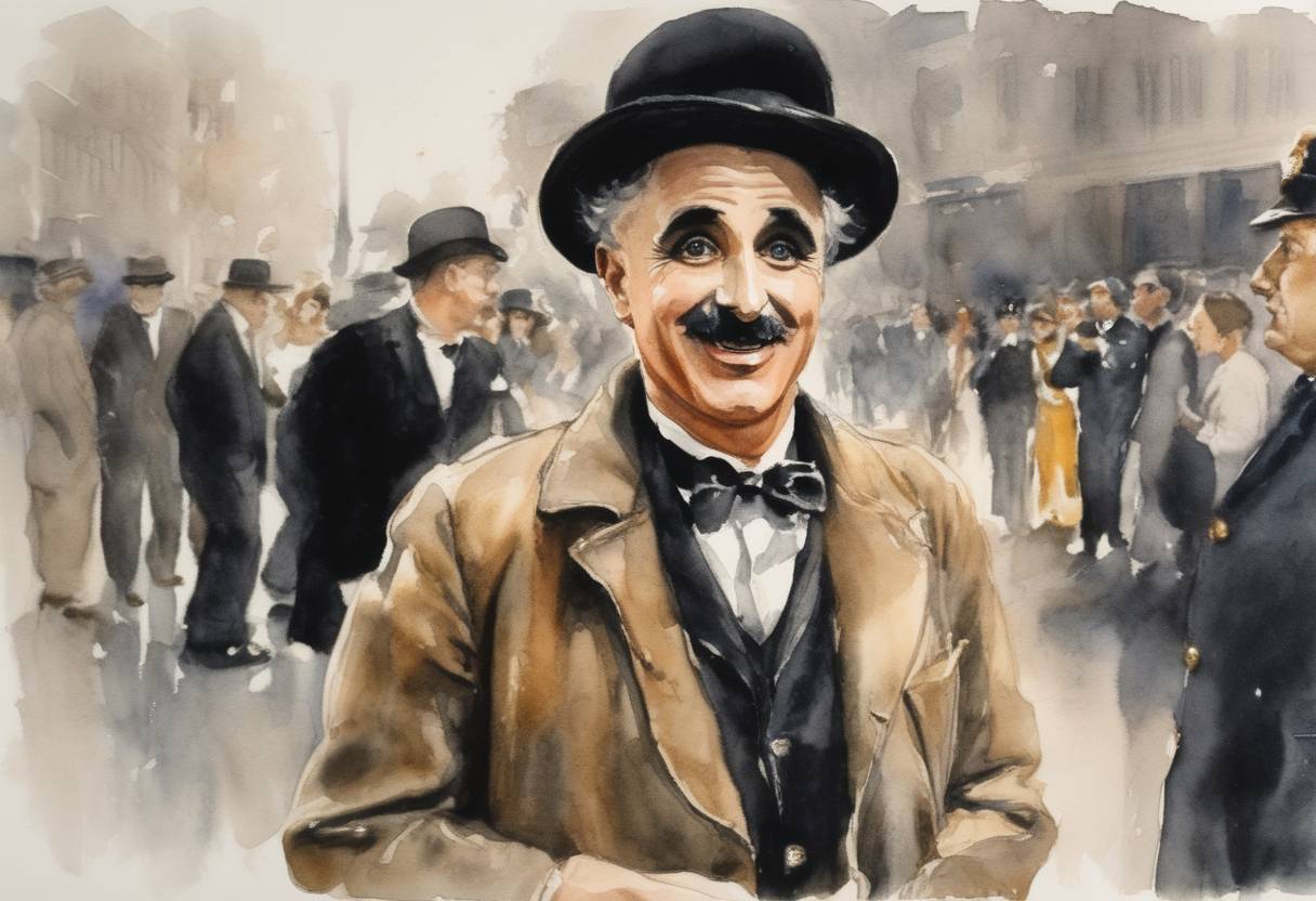 Watercolor painting based depiction of Charlie Chaplin returned to the United States for the first time in 20 years to receive an honorary Academy Award. Chaplin had been in self-imposed exile in Switzerland since 1952, following accusations of communist sympathies during the McCarthy era. (1972)
