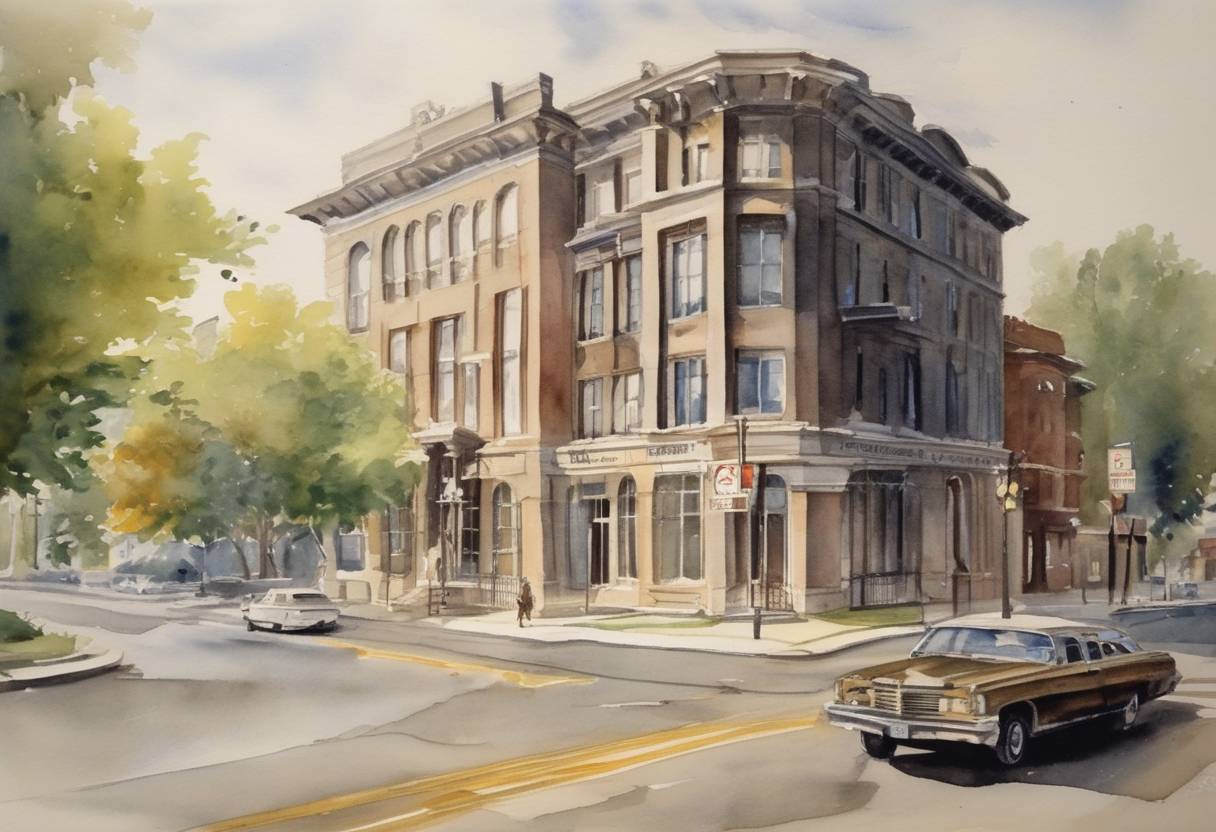 Watercolor painting based depiction of The American Telephone and Telegraph Company (AT&T) agrees to divest itself of twenty-two subdivisions as part of an antitrust court settlement, leading to the breakup of the Bell System. (1982)