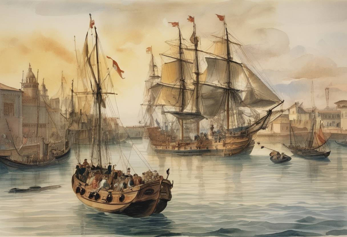 Watercolor painting based depiction of Ferdinand II of Aragon appoints Amerigo Vespucci, the Italian explorer for whom America is named, as chief navigator of Spain, allowing Vespucci to develop a standardized system for determining nautical distances and positions. (1508)