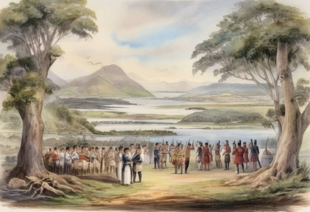 Watercolor painting based depiction of The Treaty of Waitangi was signed in New Zealand, establishing British sovereignty over the islands. (1840)