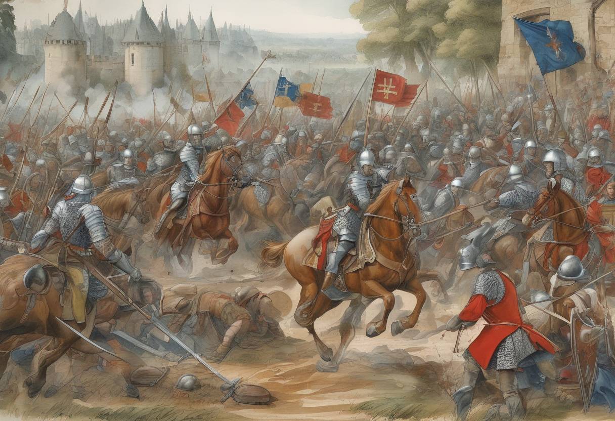 Watercolor painting based depiction of The Battle of the Spurs took place, where English forces led by Henry VIII defeated the French at Guinegate, France. (1513)