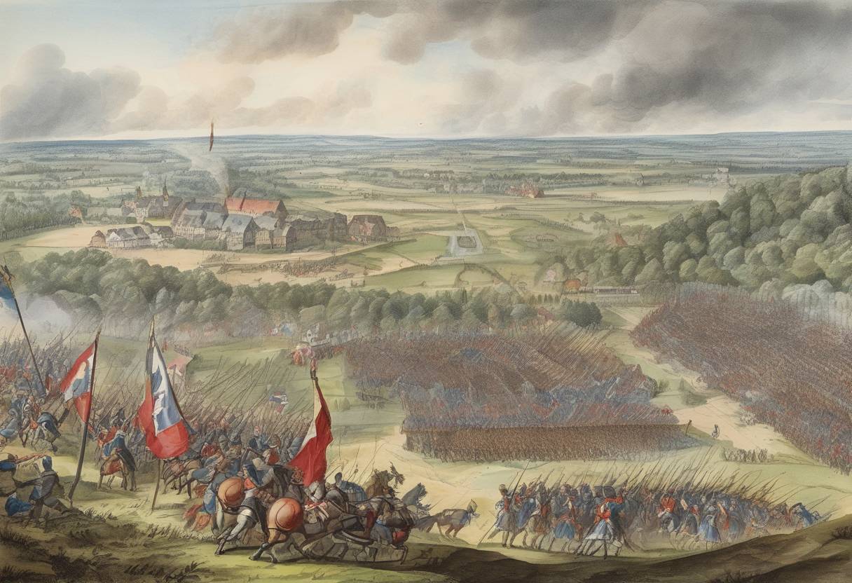Watercolor painting based depiction of The Battle of Dettingen took place during the War of the Austrian Succession, where British forces, led by King George II, defeated the French. (1743)