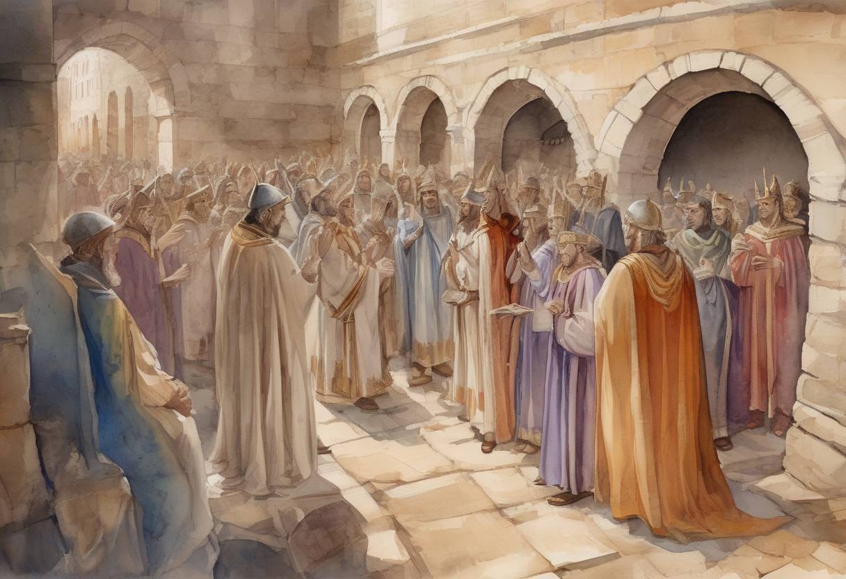Watercolor painting based depiction of The Third Council of Toledo begins, marking the Visigothic conversion from Arianism to Catholicism. (589)