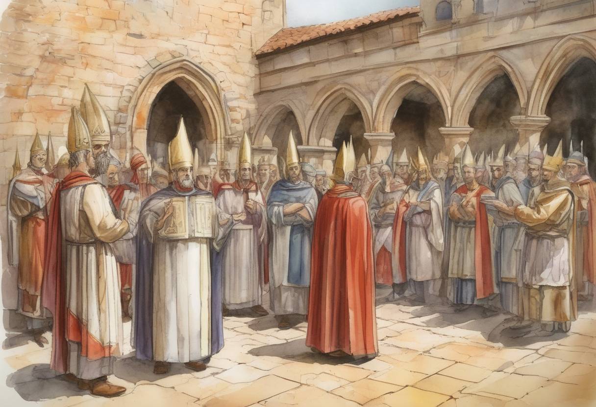 Watercolor painting based depiction of The Council of Agde, a synod of bishops, took place in the Visigothic Kingdom of Toulouse. It was convened by Caesarius of Arles and addressed various ecclesiastical issues, including church discipline and the conduct of clergy. (506)