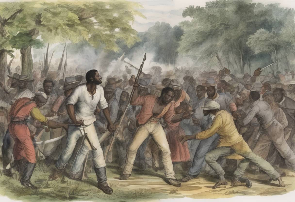Watercolor painting based depiction of Nat Turner's slave rebellion begins in Southampton County, Virginia, leading to the deaths of approximately 60 white people and the execution of about 55 black people. (1831)