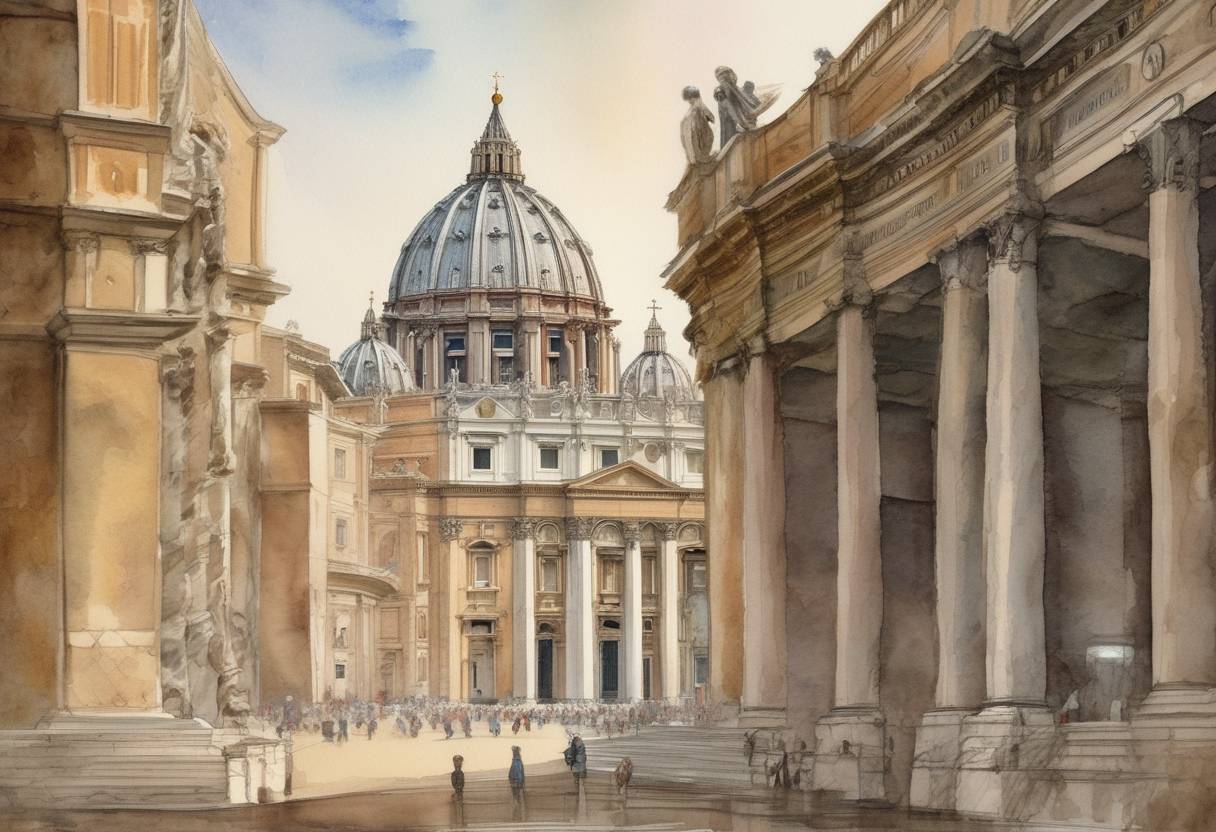 Watercolor painting based depiction of The cornerstone of St. Peter's Basilica was laid in Vatican City, marking the beginning of the construction of one of the most renowned works of Renaissance architecture. (1506)